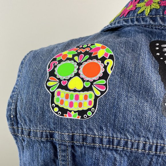 Distressed Denim Vest - One of A Kind - Customized with Day of the Dead Skulls - Picture 13 of 13